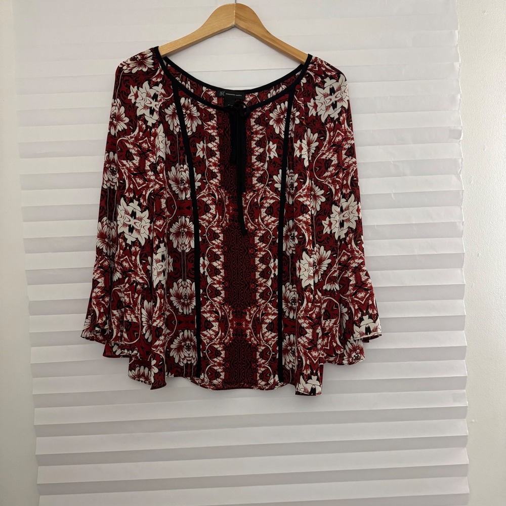 INC International Concepts Red Floral 3/4  Bell Sleeve Tie Neck Boho Blouse‎ XL
